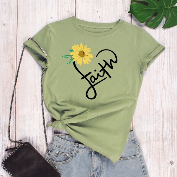 

Floral And Letter Graphic Tee, Army green