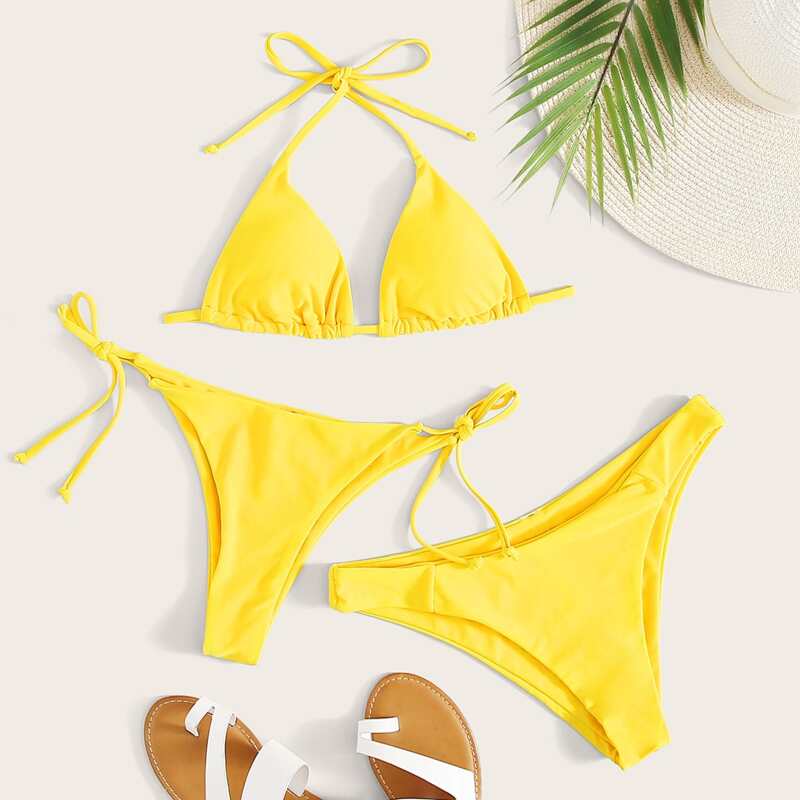 

3pack Halter Triangle Tie Side Bikini Swimsuit, Yellow