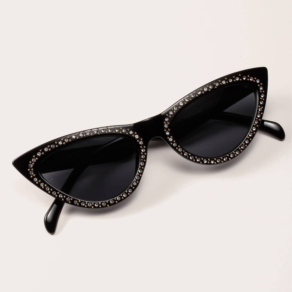 

Rhinestone Engraved Cat Eye Sunglasses, Black