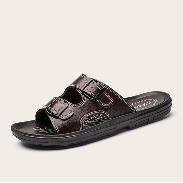 

Men Buckle Strap Cut-out Sliders, Brown