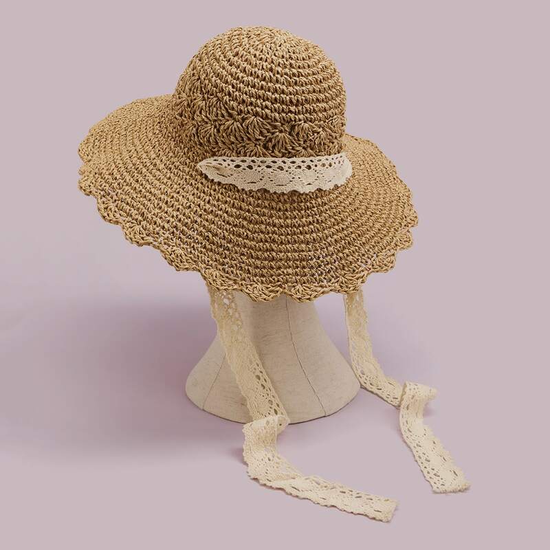 

Lace Strip Decor Straw Hat, Khaki