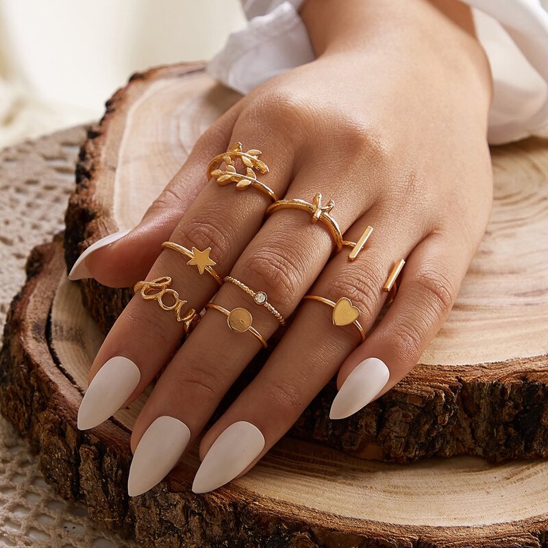 

8pcs Heart & Star Decor Ring, Gold