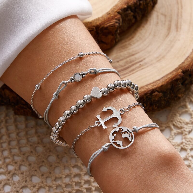 

5pcs Anchor & Bead Decor Bracelet, Multicolor