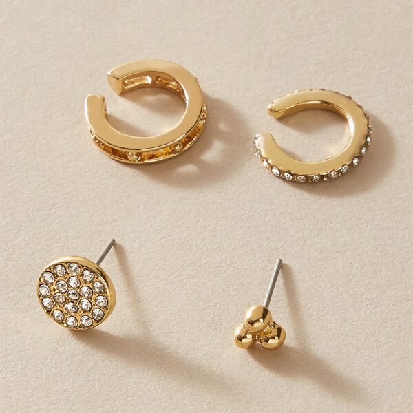 

4pcs Rhinestone Engraved Earrings, Gold