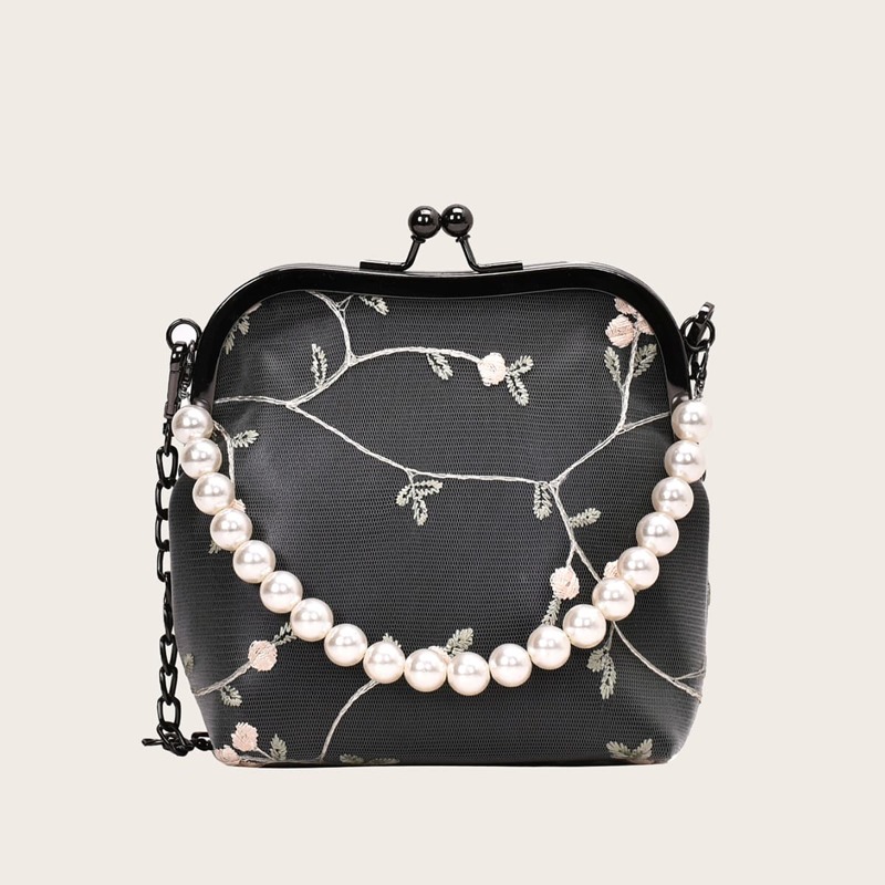 

Floral Embroidery Faux Pearl Decor Satchel Bag, Black
