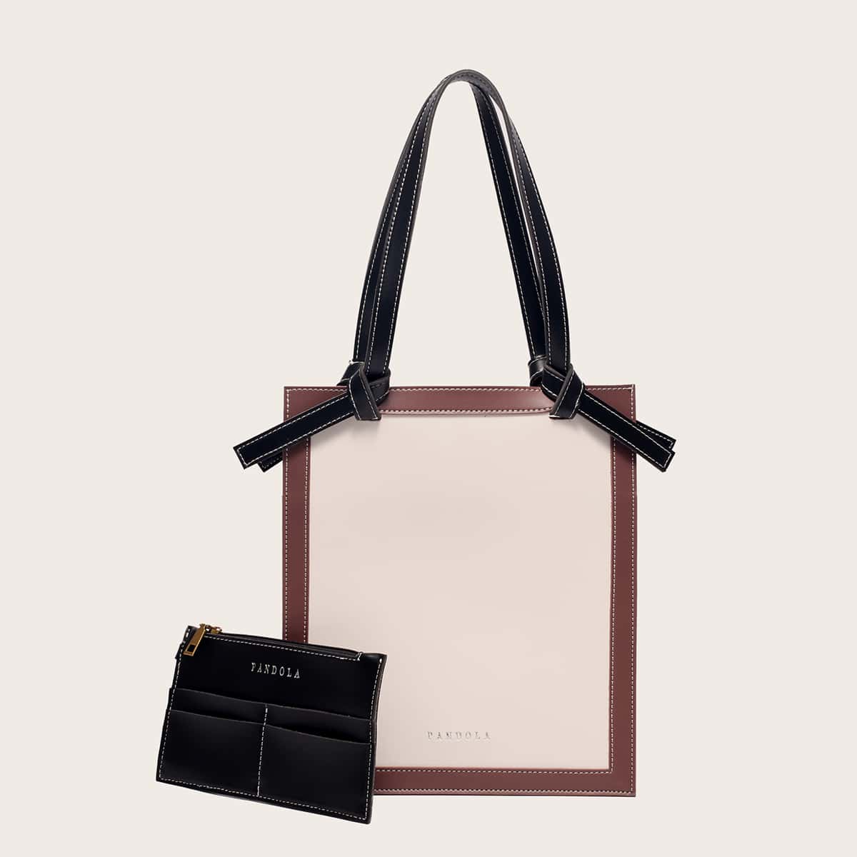 

Colorblock Tote Bag With Inner Pouch, Beige