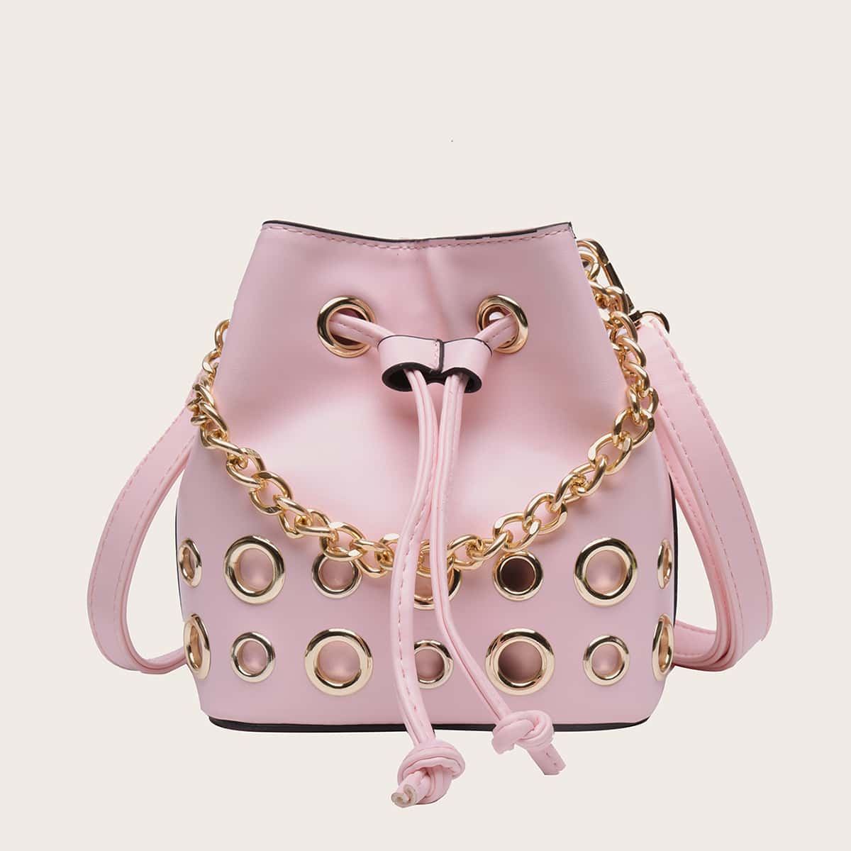 

Hollow Out Drawstring Bucket Bag, Pink