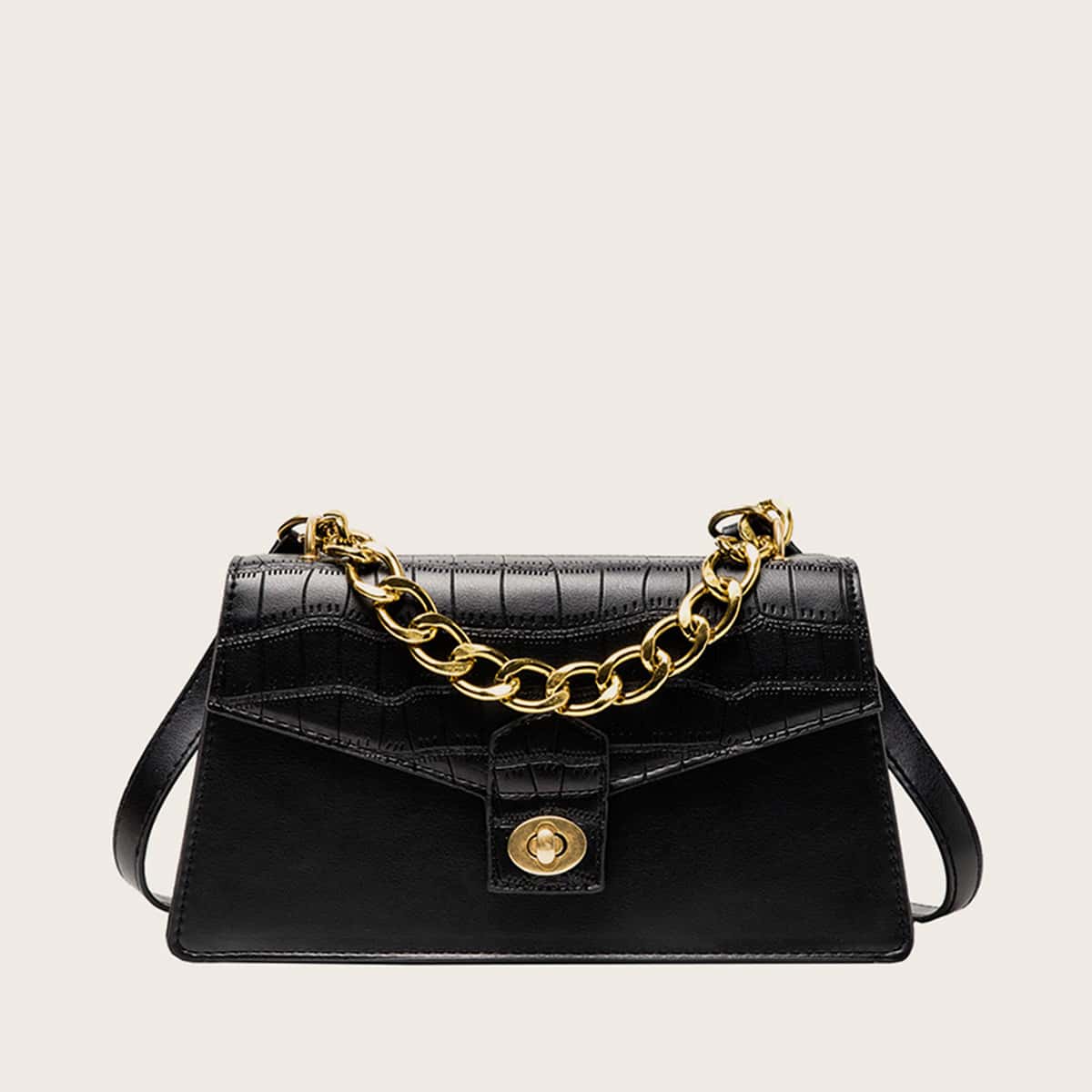 

Croc Embossed Flap Satchel Bag, Black