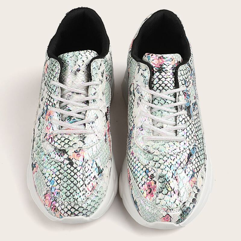 

Lace-up Front Snakeskin Low Top Sneakers, Multicolor