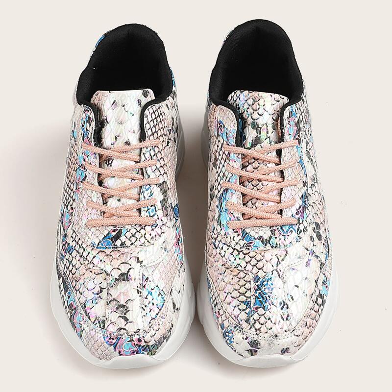 

Lace-up Front Snakeskin Low Top Sneakers, Multicolor