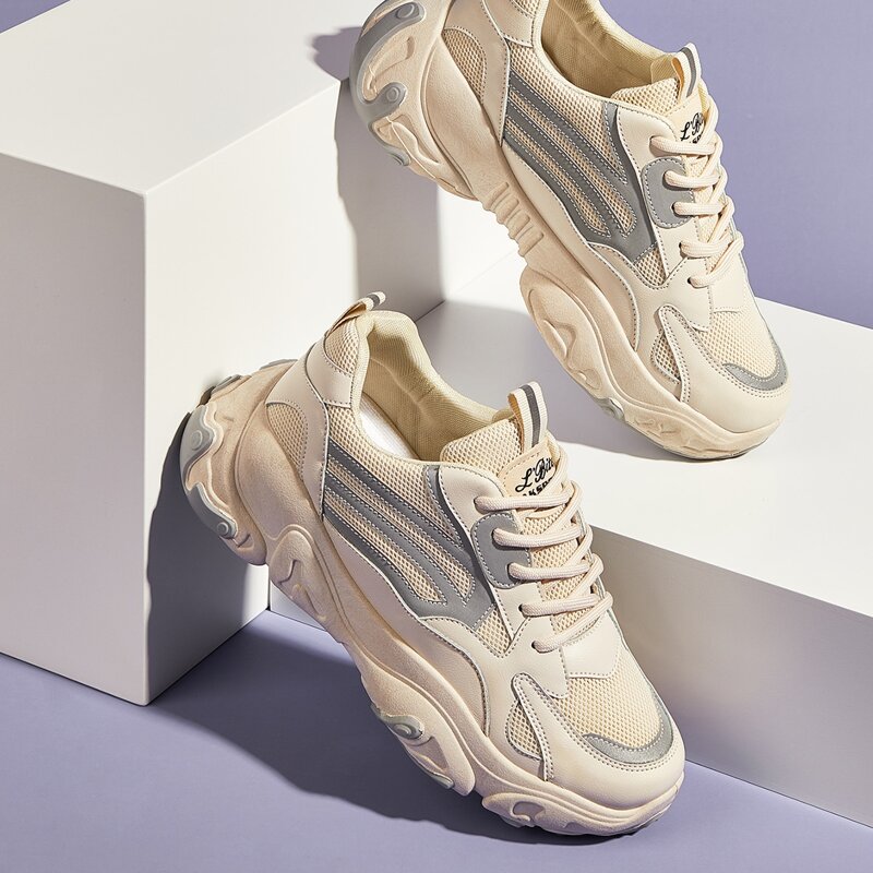 

Lace-up Front Mesh Panel Sneakers, Beige