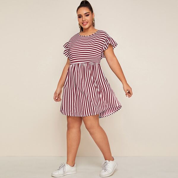 

Plus Striped Flounce Sleeve Babydoll Dress, Burgundy