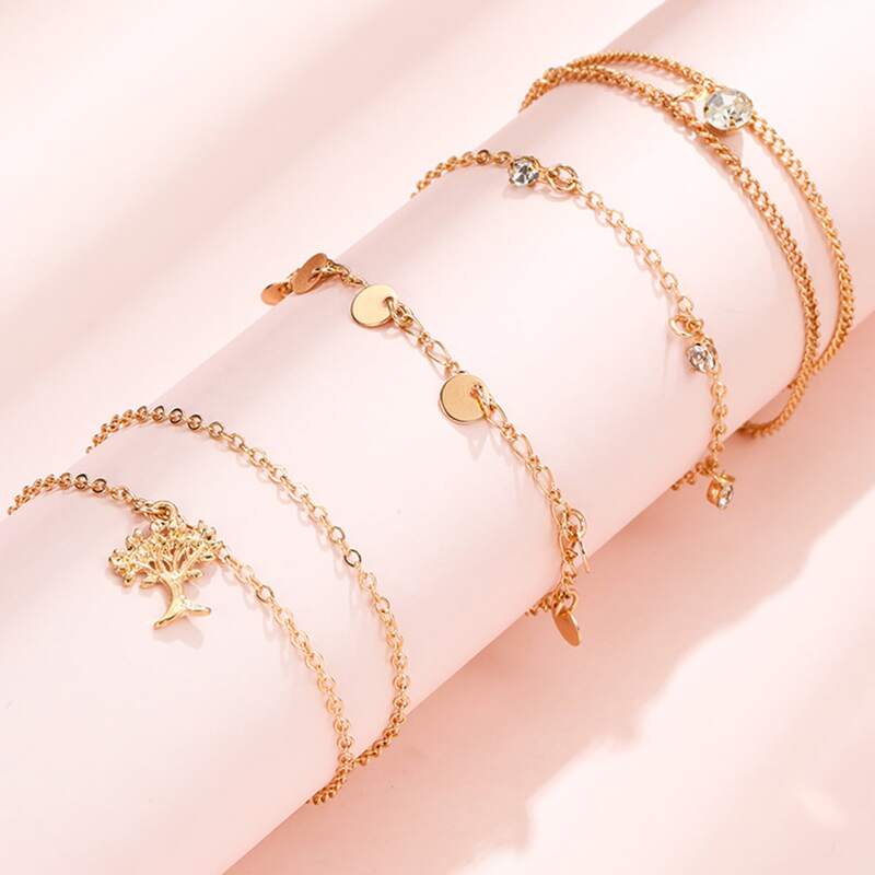 

4pcs Tree Charm Layered Anklet, Gold