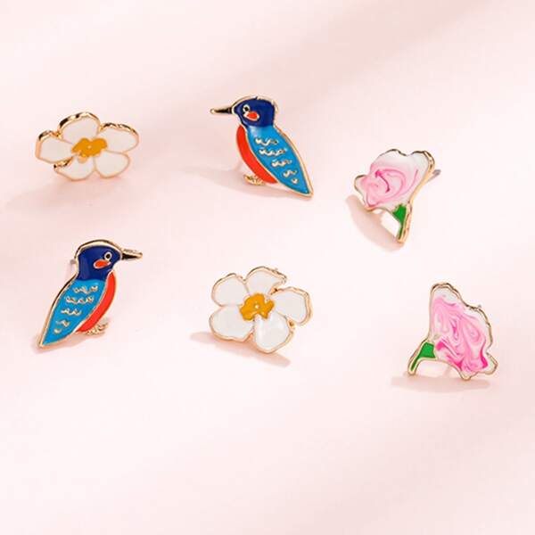 

Bird & Floral Design Stud Earrings, Multicolor