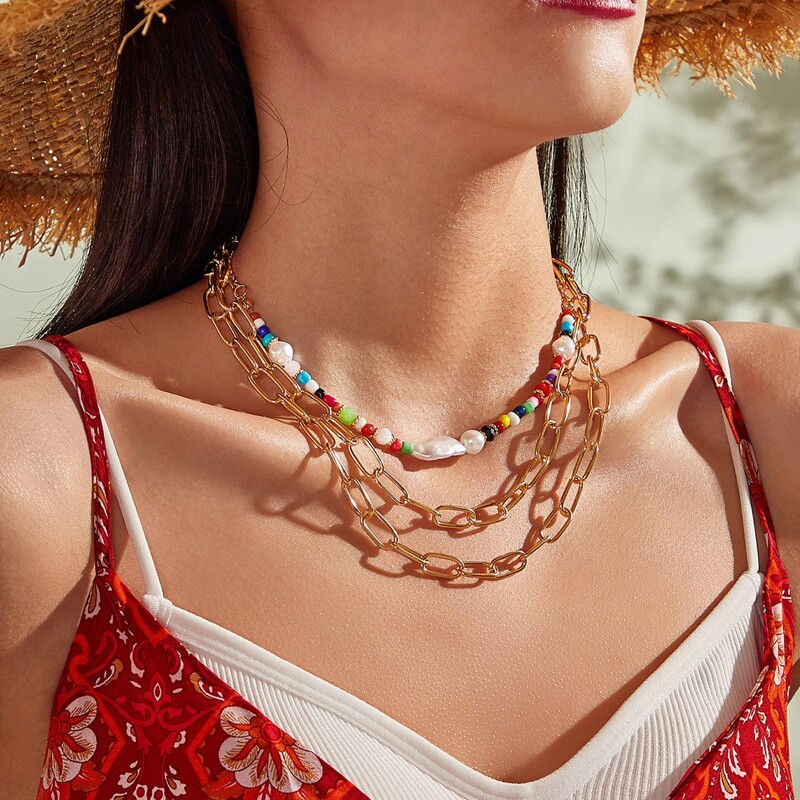 

1pc Faux Pearl Decor Layered Chain Necklace, Multicolor