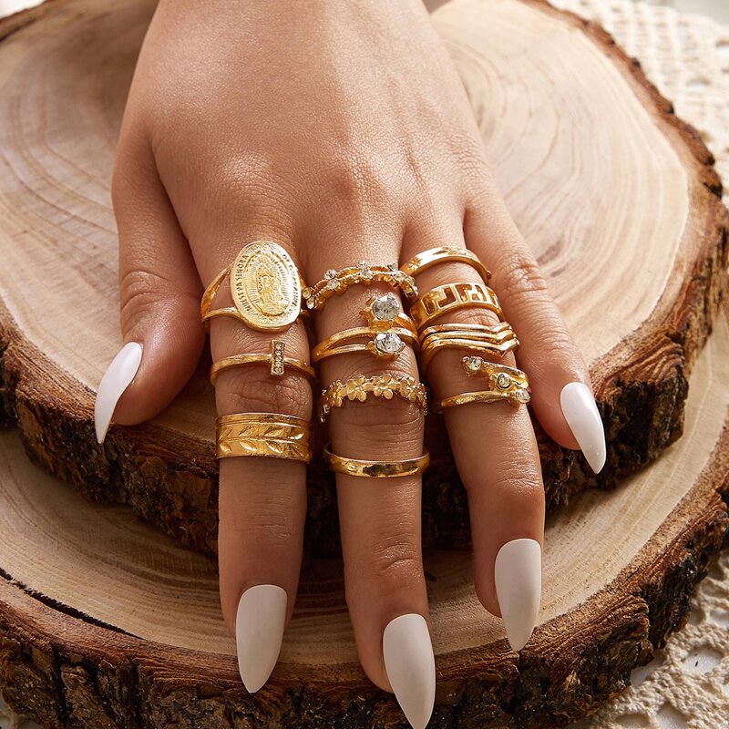 

13pcs Rhinestone Decor Ring, Gold
