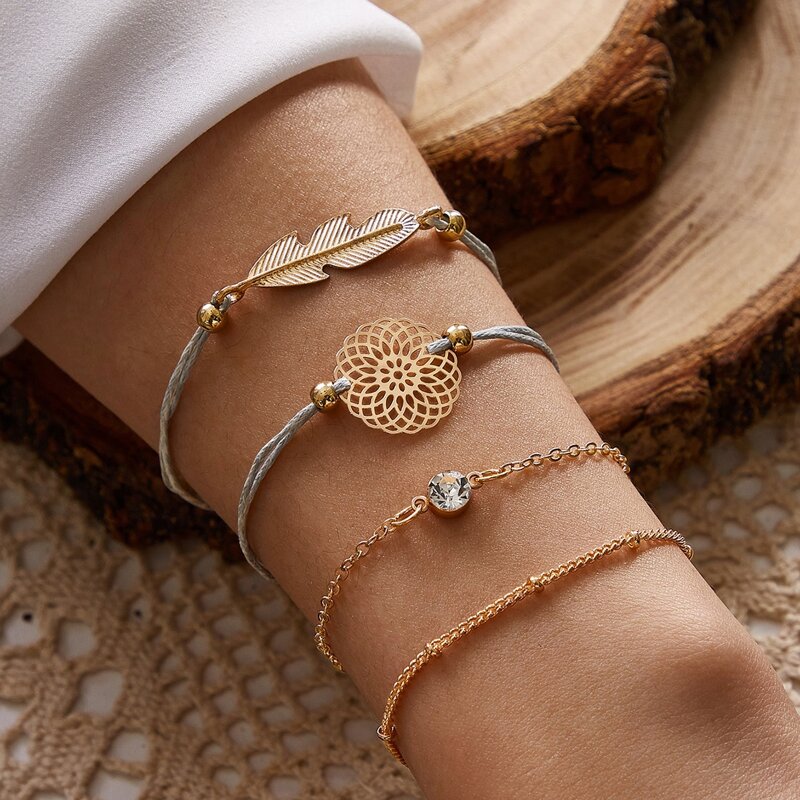 

4pcs Hollow Out Flower & Leaf Decor Bracelet, Multicolor