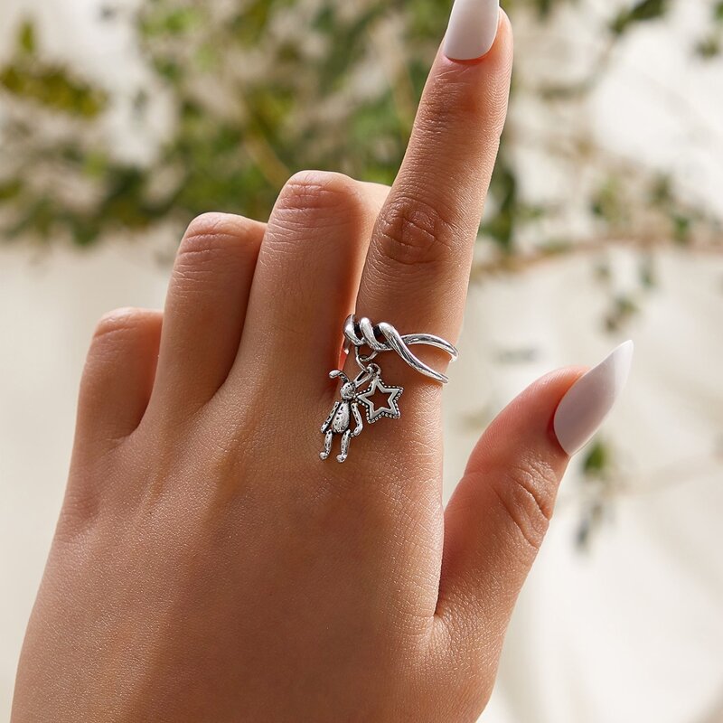 

1pc Bear & Star Charm Ring, Silver