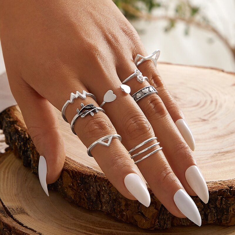 

10pcs Heart & Leaf Decor Ring, Silver