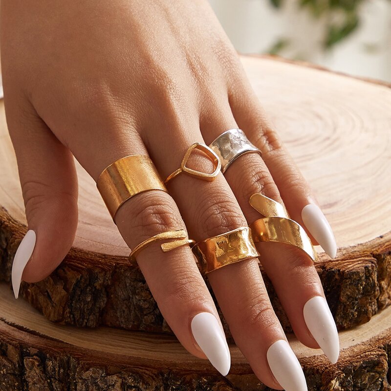 

6pcs Geometric Decor Ring, Gold