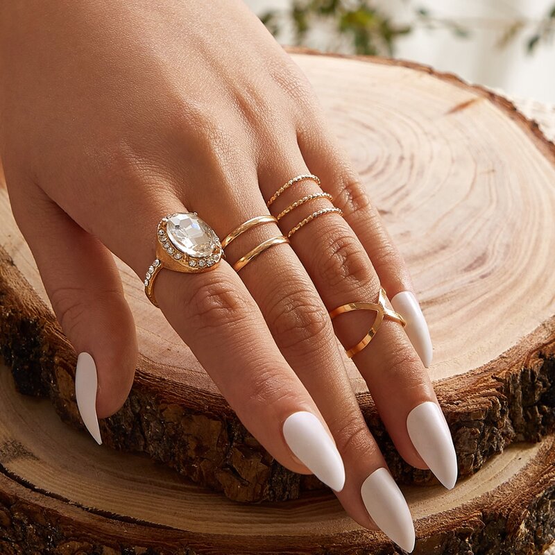 

7pcs Gemstone Engraved Ring, Gold