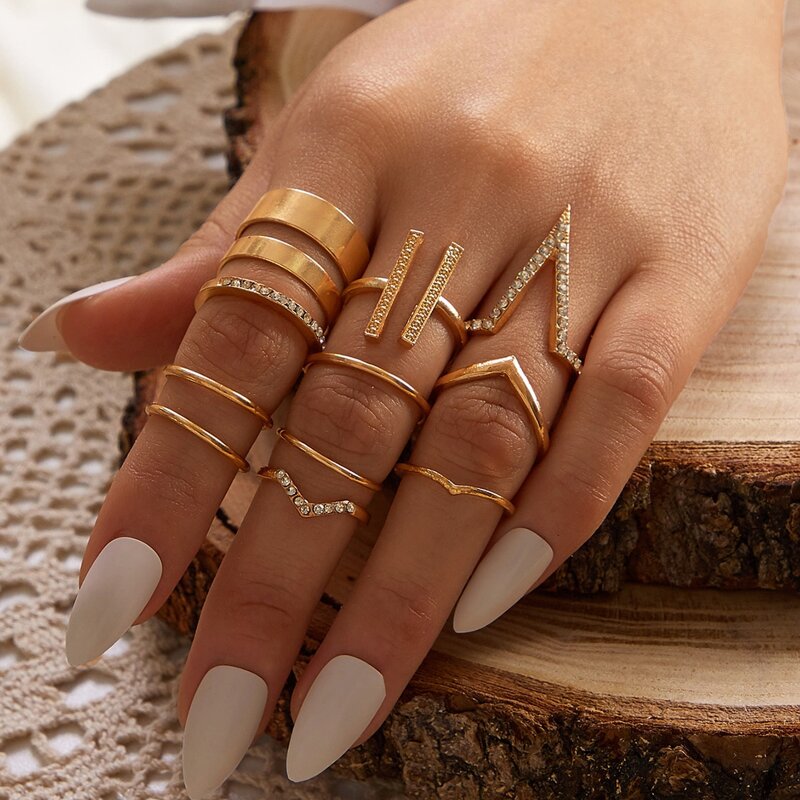 

12pcs Rhinestone Decor Geometric Decor Ring, Gold