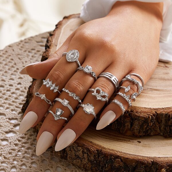 

15pcs Rhinestone Decor Ring, Silver