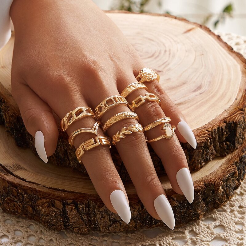 

11pcs Chain & Leaf Design Ring, Gold