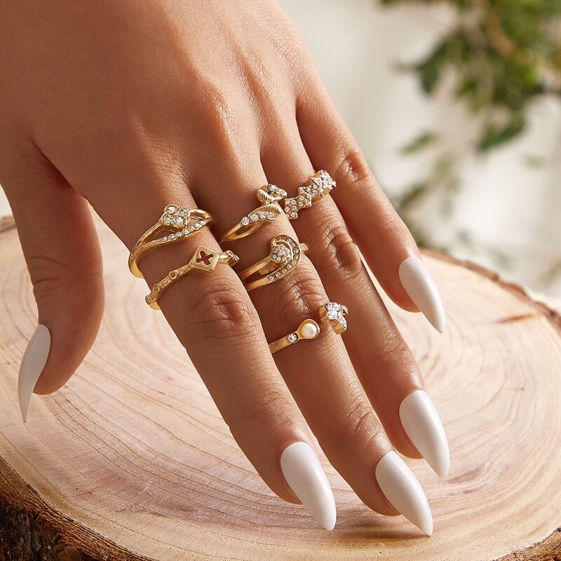 

6pcs Rhinestone Engraved Ring, Gold