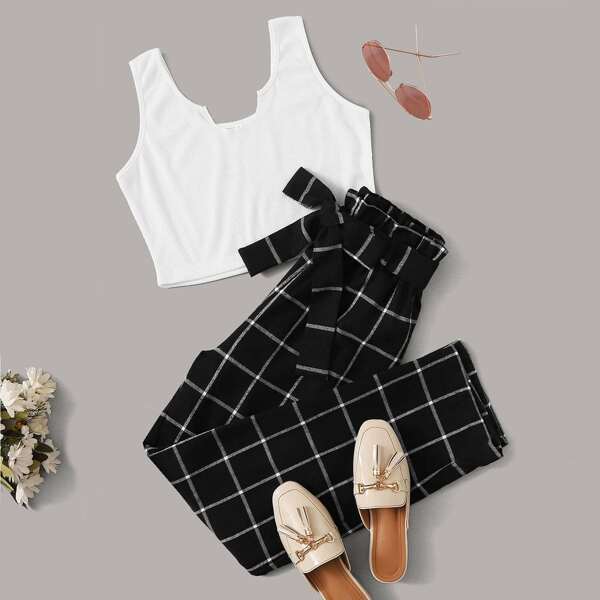 

Plus Rib-knit Tank Top & Plaid Belted Pants, Black and white
