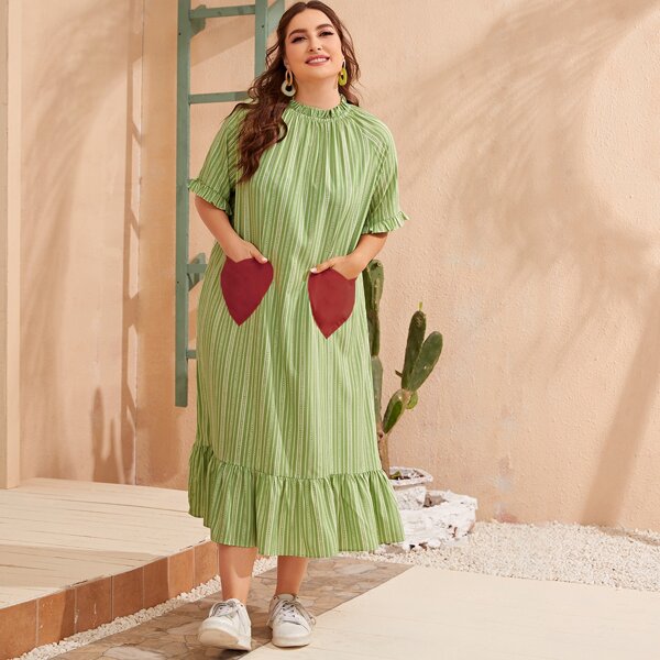 

Plus Heart Pocket Ruffle Hem Striped Smock Dress, Green
