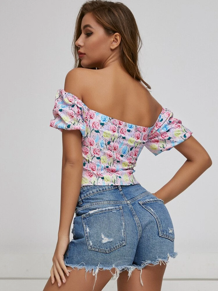 Ruched Front Floral Bardot Top
