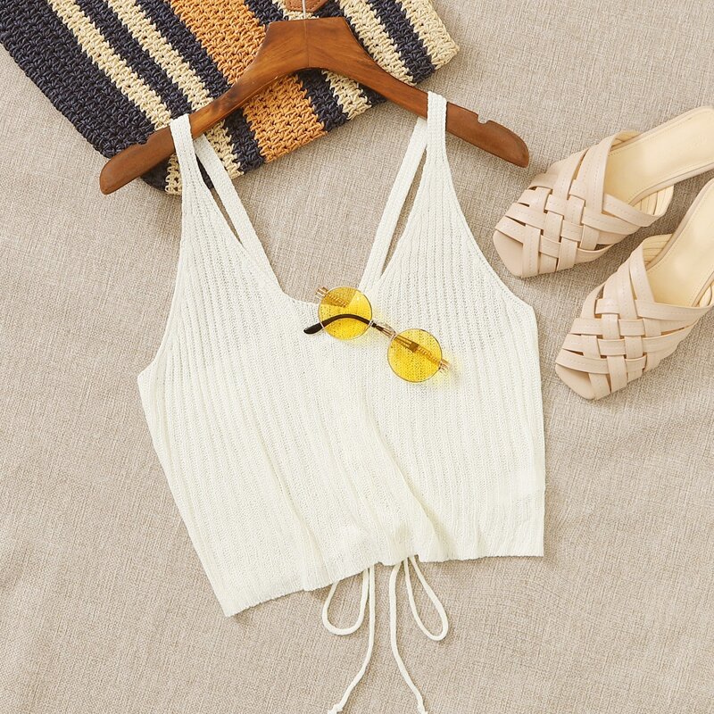 

Lace Up Back Ribbed Top, White