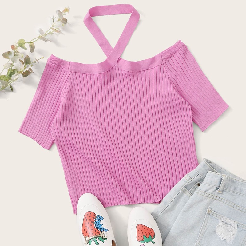 

Halter Ribbed Knit Solid Top, Pink