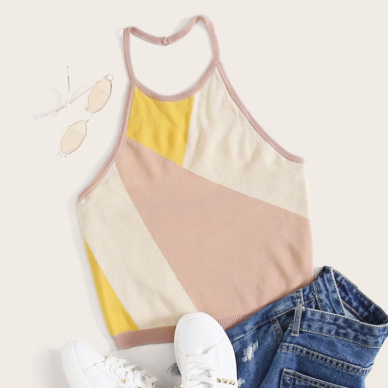 

Open Back Colorblock Halter Knit Top, Multicolor