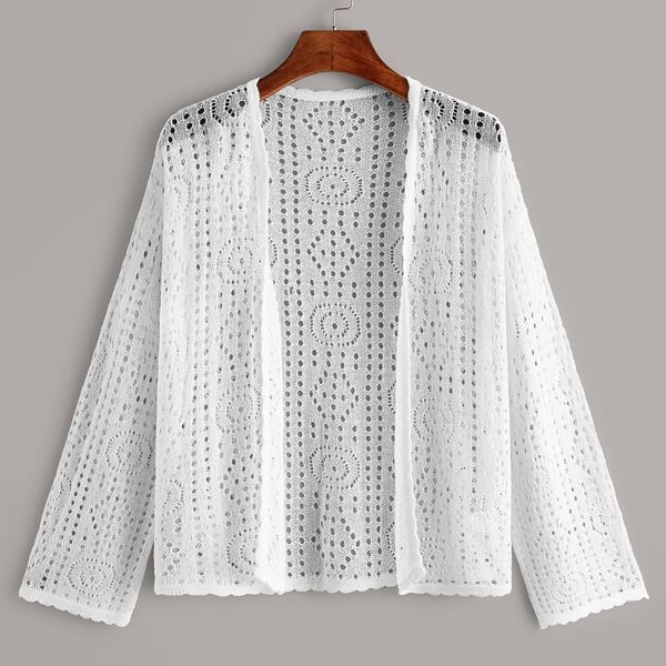 

Solid Hollow Out Scallop Trim Cardigan, White