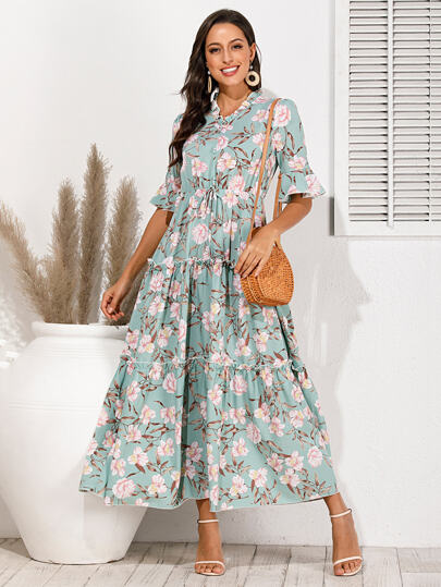Frill Trim Tie Front Chiffon Floral A-line Dress