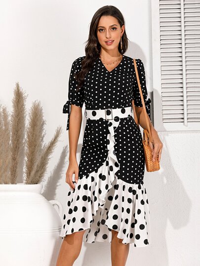 Polka Dot Knot Cuff Ruffle Belted Chiffon Dress