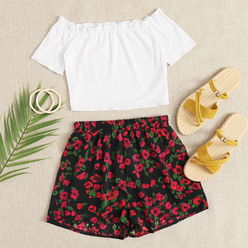 

Frill Trim Bardot Tee & Floral Print Shorts, Multicolor