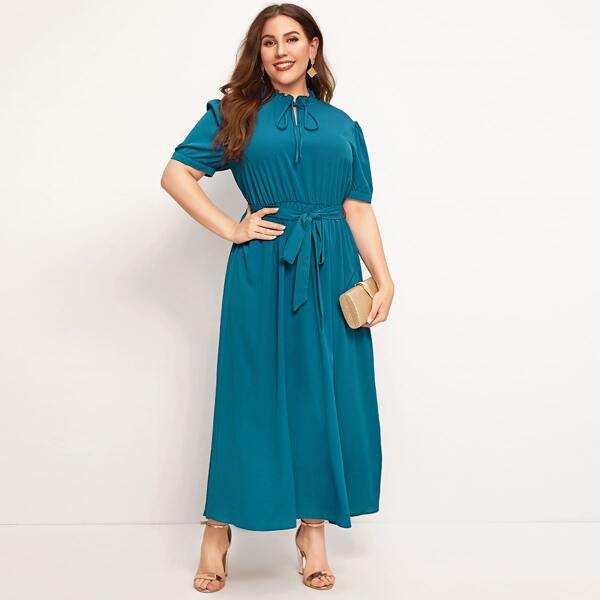 

Plus Ruffle Trim Tie Neck Self Belted Dress, Blue