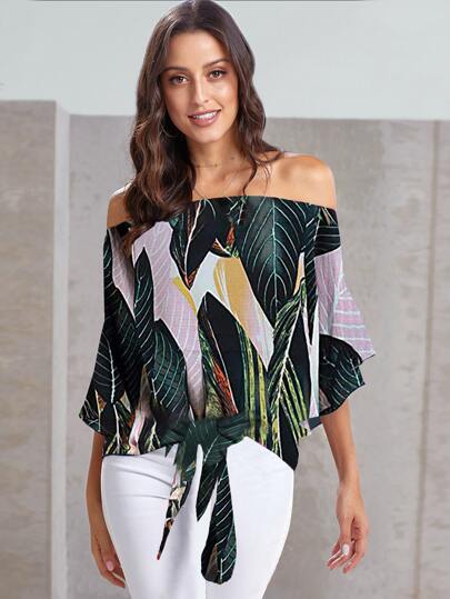 Tropical Print Knot Hem Bardot Blouse