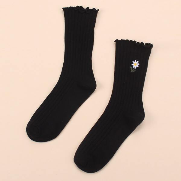 

Flower Embroidery Socks, Black