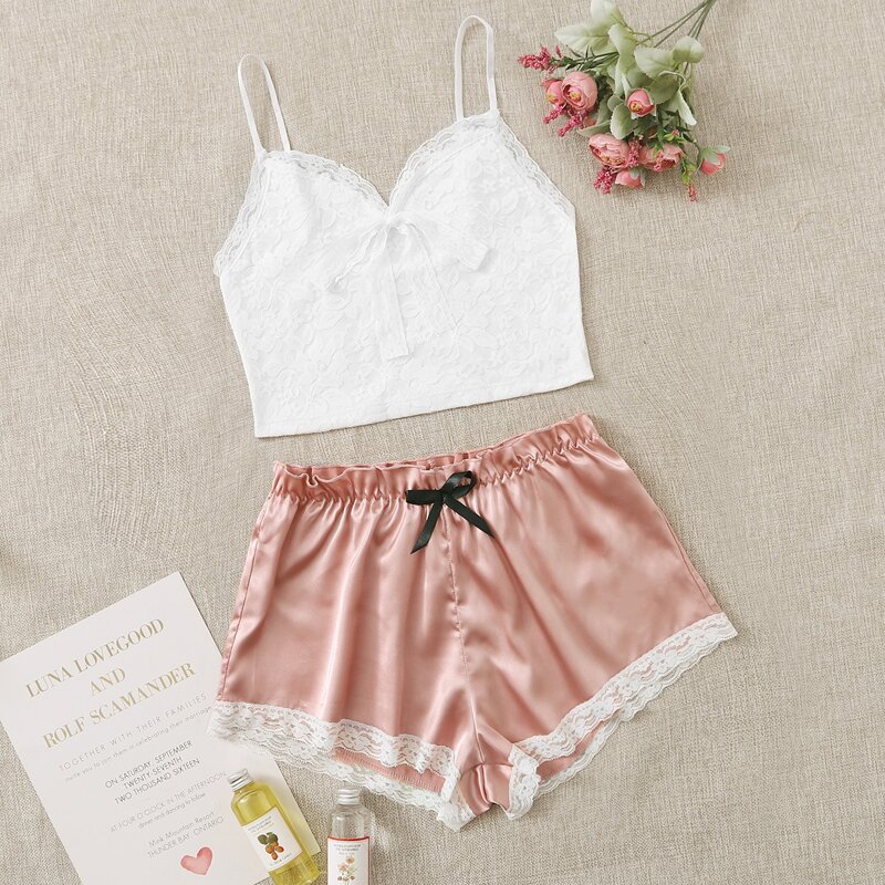 

Tie Front Lace Cami Top & Satin Shorts PJ Set, Multicolor