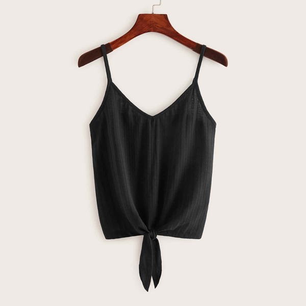 

Knot Hem Rib-knit Cami Top, Black