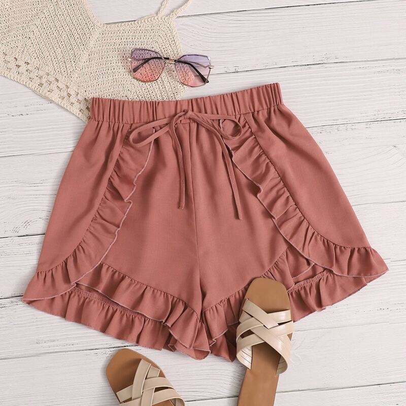 

Tie Front Ruffle Trim Shorts, Pink