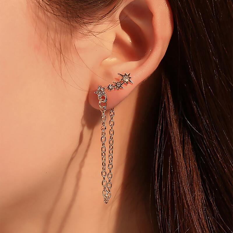 

Rhinestone Star Chain Earrings, Gold