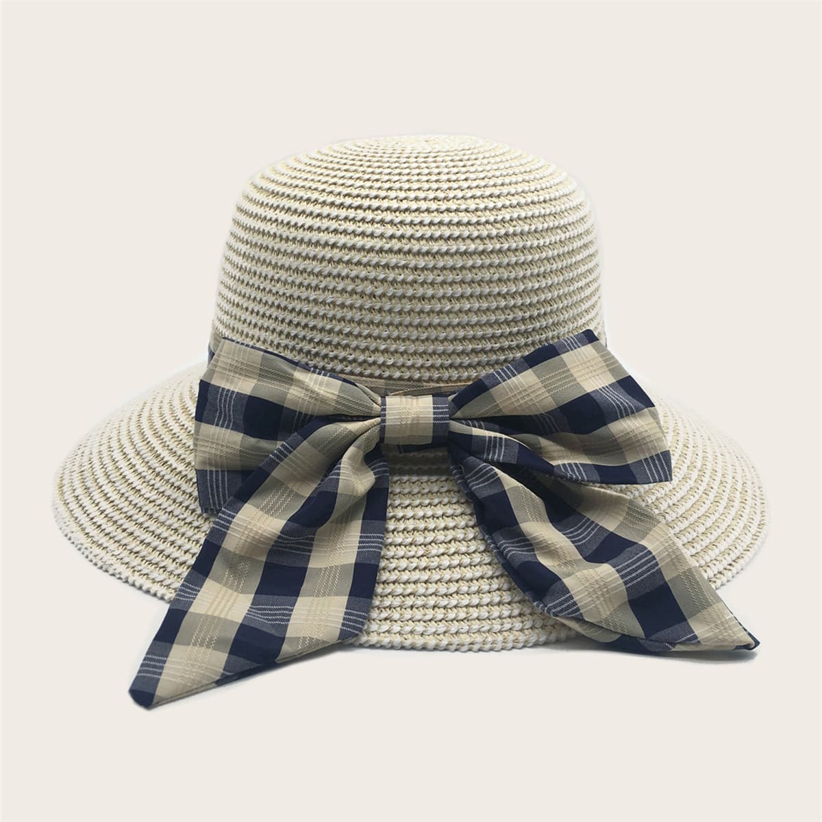

Plaid Bow Decor Straw Hat, Beige