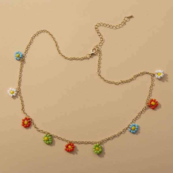 

Flower Tassel Charm Necklace, Multicolor
