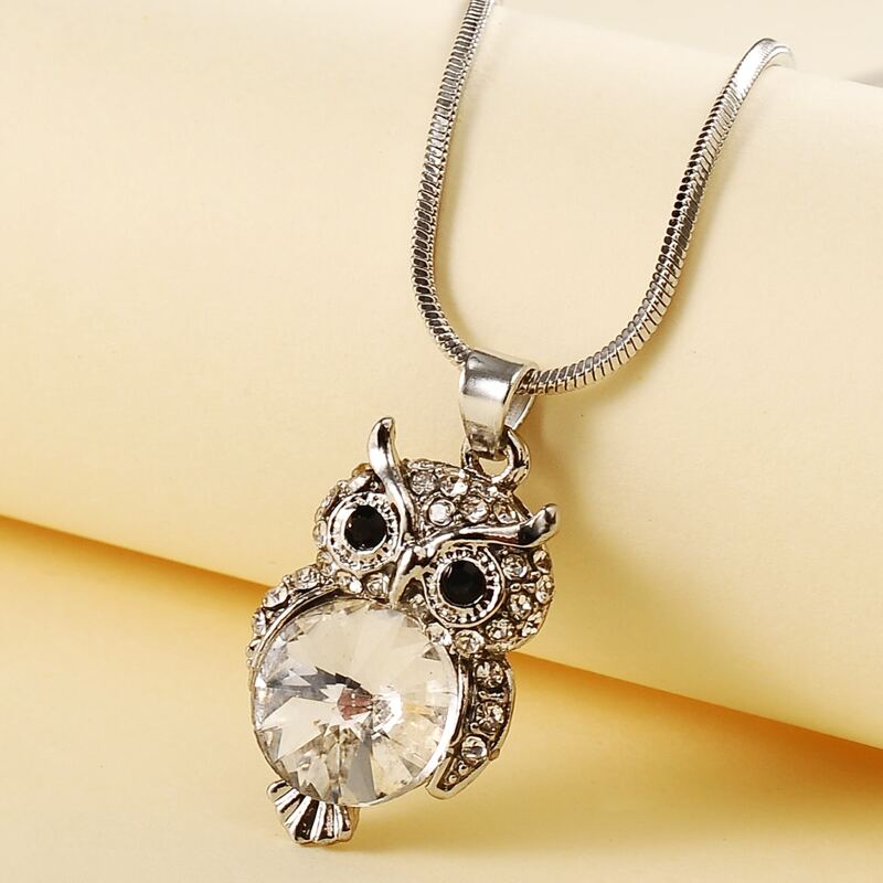 

Rhinestone Owl Charm Necklace, Silver