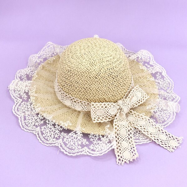 

Toddler Girls Lace Bow Straw Hat, Beige
